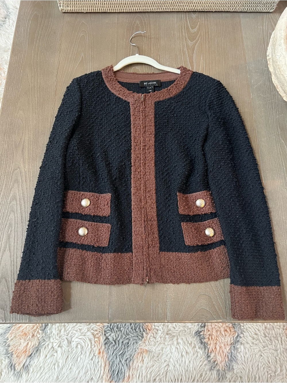 St. John Black and Brown Bouclé Zip-Front Jacket